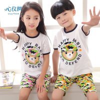 儿童睡衣夏男女童纯棉睡衣休闲字母卡通海军熊家居服套装