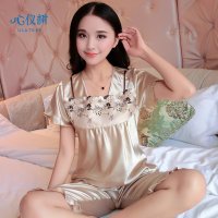 睡衣女夏季新品丝质睡衣纯色薄款高贵花朵家居服套装 多色可选