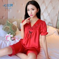 睡衣女夏季薄款丝质睡衣V领高贵纯色花朵蝴蝶结家居服套装