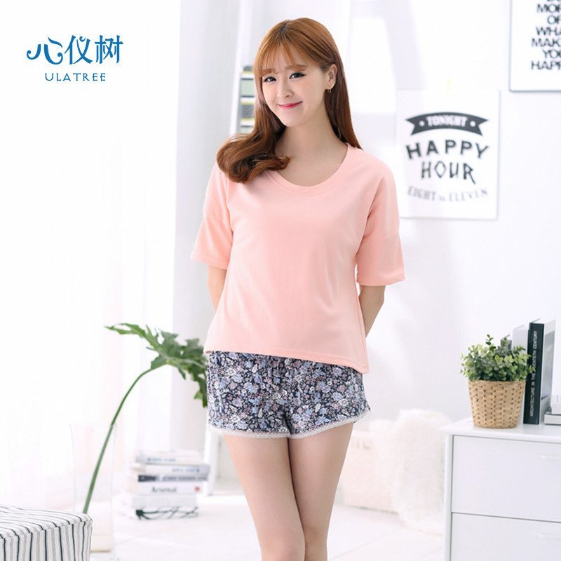 睡衣女夏季新品女士纯棉睡衣休闲纯色碎花短裤家居服套装