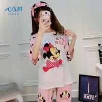睡衣女夏季韩版纯棉睡衣休闲蕾丝卡通米妮七分裤家居服套装