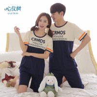 睡衣情侣夏季男女士韩版睡衣休闲薄款横条字母家居服套装