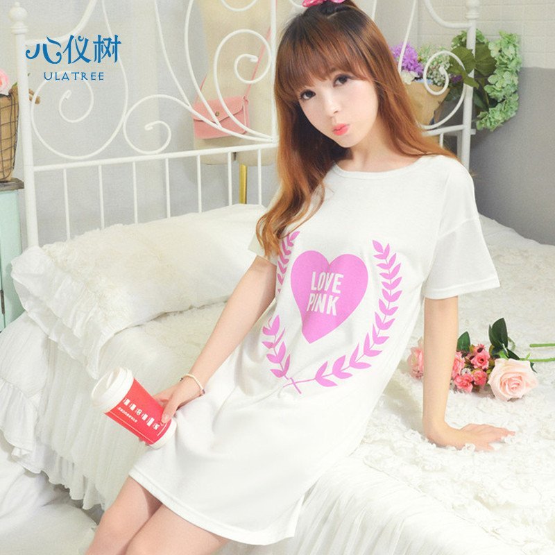 睡衣女夏季新品棉质少女睡裙休闲纯色麦穗桃心PINK家居服短裙
