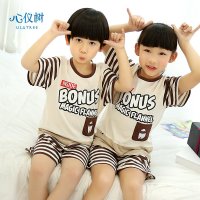 儿童睡衣夏男女童纯棉睡衣休闲短裤条纹字母家居服套装