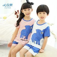 儿童睡衣夏男女童纯棉睡衣休闲短裤卡通条纹大象家居服套装