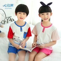 儿童睡衣夏男女童纯棉睡衣休闲条纹卡通小船家居服套装