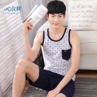 睡衣男夏季新品棉质背心睡衣休闲无袖宽松字母家居服套装