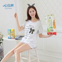 睡衣女夏季韩版纯棉少女睡衣休闲短裤纯色蝴蝶结家居服套装