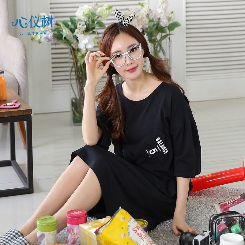 睡衣女夏季韩版纯棉女士睡裙休闲宽松纯色字母连体衣家居服