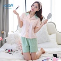 睡衣女夏季韩版纯棉女士睡衣休闲翻领开衫纯色家居服套装