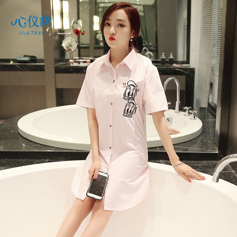 睡衣女夏季新品棉质睡裙休闲翻领卡通唐老鸭衬衫款家居服