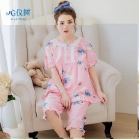 睡衣女夏季韩版纯棉少女款睡衣时尚公主蕾丝花朵家居服套装