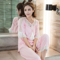 秋冬季女韩版纯棉睡衣少女时尚纯色蕾丝边休闲家居服套装