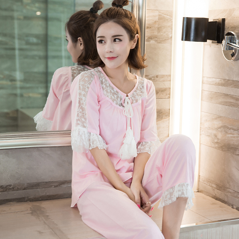 秋冬季女韩版纯棉睡衣少女时尚纯色蕾丝边休闲家居服套装
