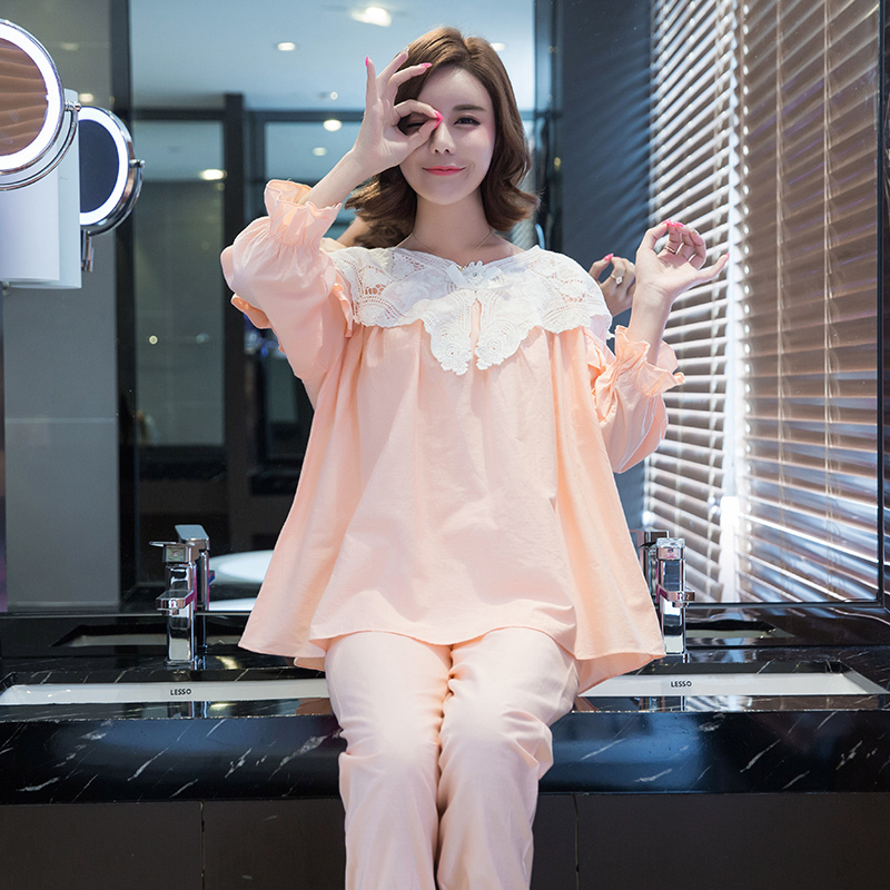 秋冬季女韩版纯棉睡衣少女时尚纯色蕾丝边休闲家居服套装