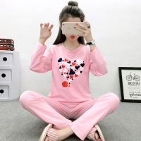 秋冬季女纯棉睡衣长袖长裤休闲卡通桃心家居服套装带胸垫