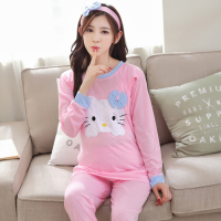 睡衣女秋季孕妇 哺乳睡衣休闲宽松卡通猫咪月子家居服套装