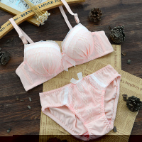 日系少女棉质蝴蝶结文胸蕾丝边纯色聚拢文胸内裤女套装