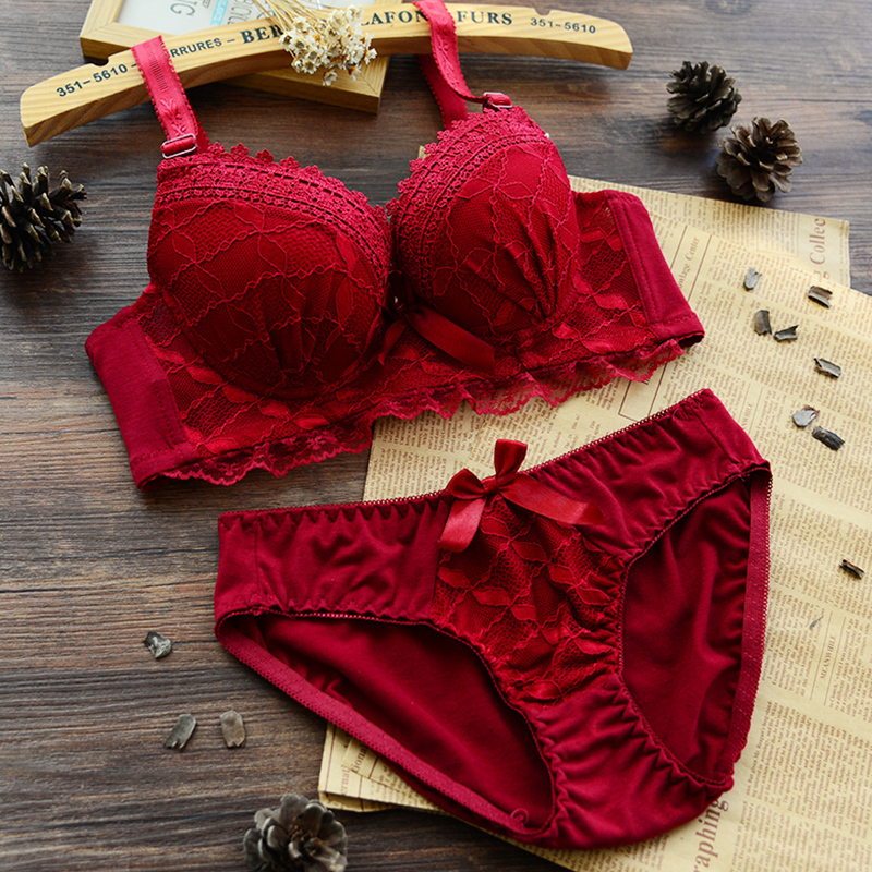 简约少女蝴蝶结内衣文胸性感蕾丝边聚拢内衣内裤文胸套装