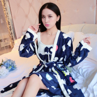 秋冬季女士法兰绒长袖睡裙女保暖卡通字母蝴蝶结家居服睡袍两件套