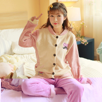冬季法兰绒睡衣女长袖开衫加厚保暖珊瑚绒卡通家居服套装