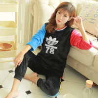 秋冬季女士法兰绒运动睡衣女加厚保暖数字休闲家居服套装