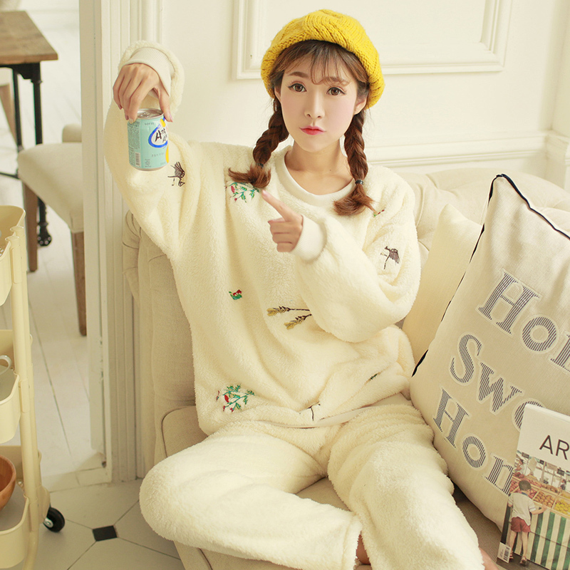 睡衣女秋冬季长毛绒长袖睡衣加厚保暖田园风休闲家居服套装