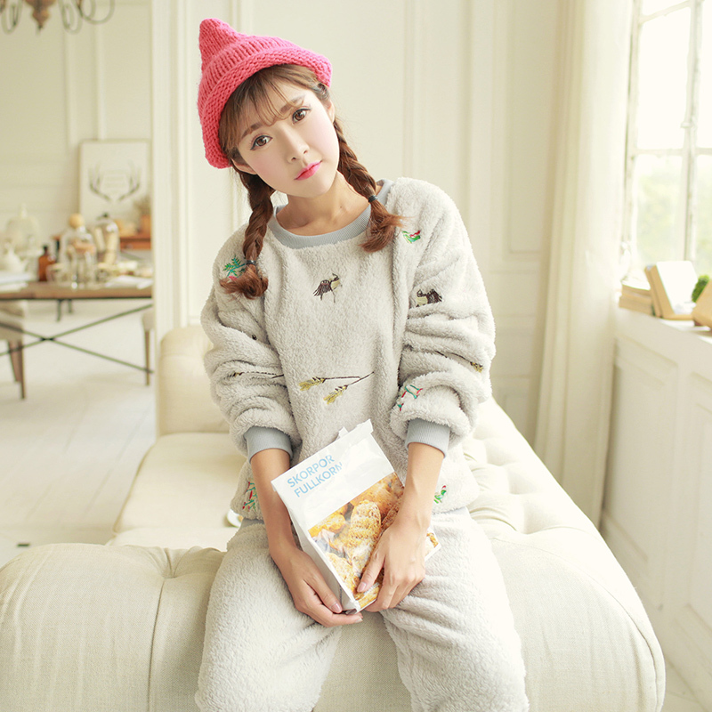 睡衣女秋冬季长毛绒长袖睡衣加厚保暖田园风休闲家居服套装