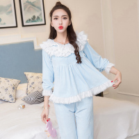 秋冬季女士加厚法兰绒睡衣女保暖纯色蕾丝闺蜜少女家居服套装