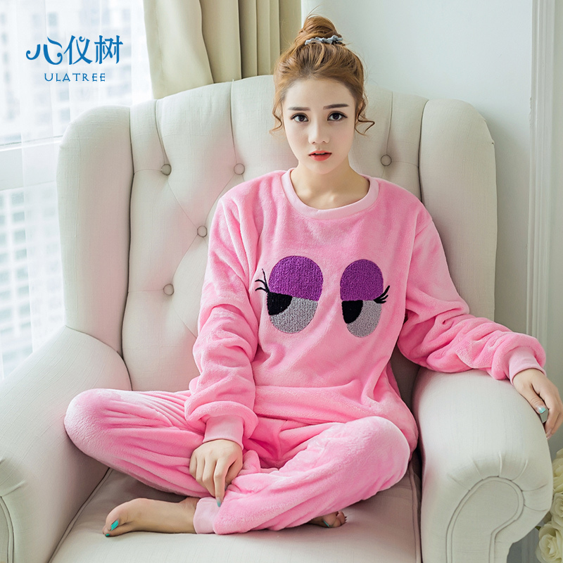 睡衣女秋冬季韩版法兰绒睡衣休闲长袖纯色卡通大眼家居服套装