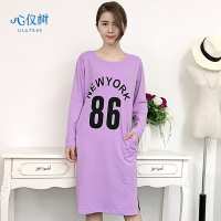 睡衣女秋长袖棉质女士睡裙简约纯色字母数字连体衣家居服带胸垫