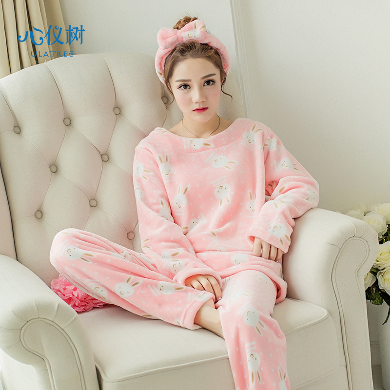 睡衣女冬季法兰绒长袖睡衣女加厚保暖卡通兔子家居服珊瑚绒套装