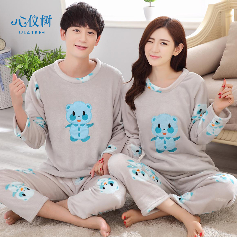 秋冬季男女士法兰绒睡衣女保暖可爱卡通熊绒质家居服套装