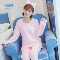冬季睡衣女长袖法兰绒睡衣保暖加厚纯色蝴蝶结闺蜜家居服套装