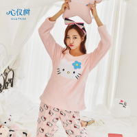 睡衣女冬季韩版法兰绒少女睡衣加厚保暖卡通猫休闲家居服套装