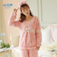 冬季新品加厚美丽绒睡衣女保暖波点蕾丝蝴蝶结少女家居服套装