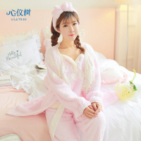 冬季新品美丽绒加厚睡衣女保暖纯色蕾丝宫廷公主家居服套装
