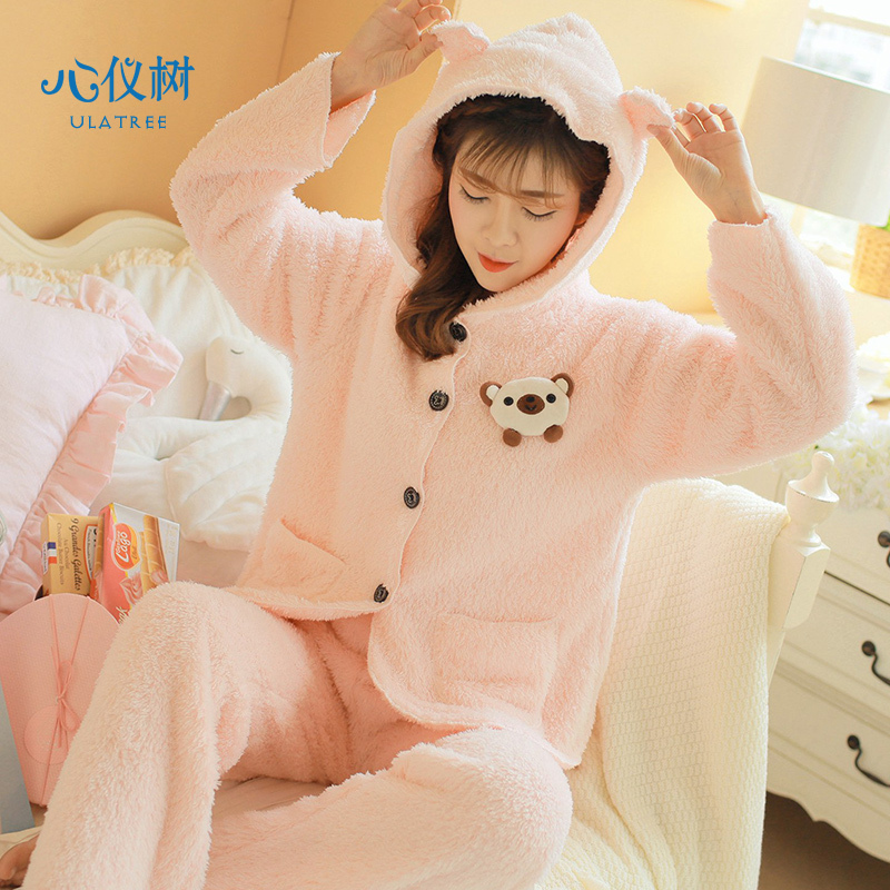 秋冬新品女士长毛绒睡衣女加厚保暖开扣卡通熊连帽家居服套装