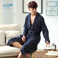睡衣男秋季新品长袖睡袍V领开胸格子连体衣家居服男袍