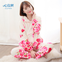 孕妇睡衣女秋冬季法兰绒开胸睡衣加厚保暖花朵月子加大码家居服套装
