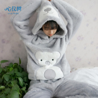 冬季女士加厚长毛绒睡衣女保暖可爱卡通熊连帽家居服套装