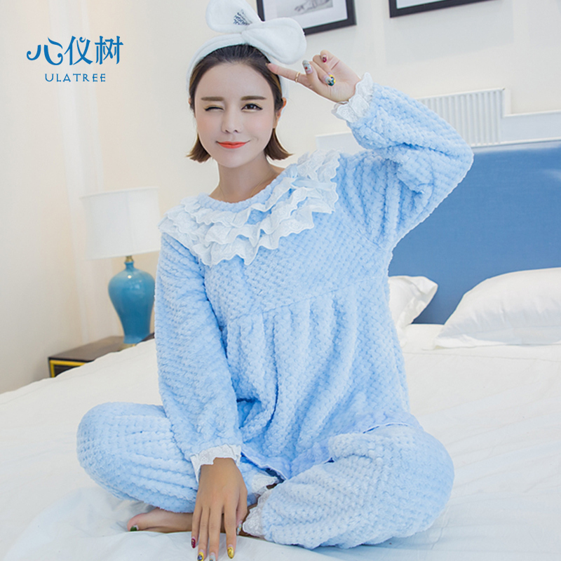 秋冬季女士绒质加厚睡衣女保暖纯色蕾丝休闲闺蜜家居服套装