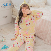 秋冬季女士法兰绒长袖睡衣女保暖可爱卡通兔子珊瑚绒家居服套装