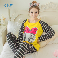 孕妇睡衣秋季针织长袖睡衣女产后宽松条纹卡通加大码家居服套装