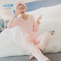 秋冬季女士法兰绒韩版睡衣女保暖纯色蕾丝公主家居服套装送发带
