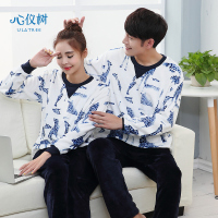秋冬情侣睡衣女男士法兰绒加厚睡衣保暖格子卡通小鹿家居服套装