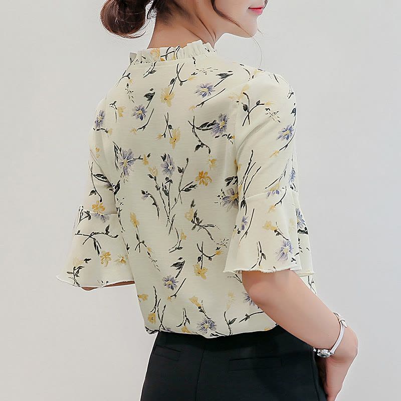 2017夏季新款韩版女装简约打底衫时尚修身短袖休闲雪纺衬衫图片