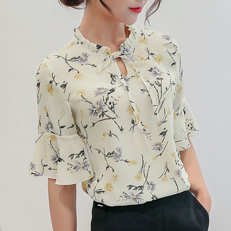 2017夏季新款韩版女装简约打底衫时尚修身短袖休闲雪纺衬衫图片