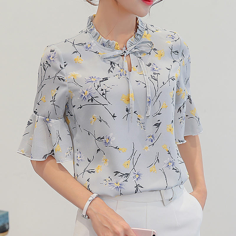 2017夏季新款韩版女装简约打底衫时尚修身短袖休闲雪纺衬衫