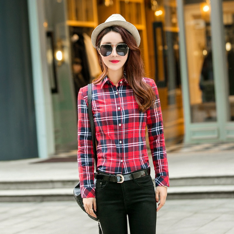 2017春秋新款纯棉格子衬衫女长袖修身休闲衬衣上衣韩版大码外套